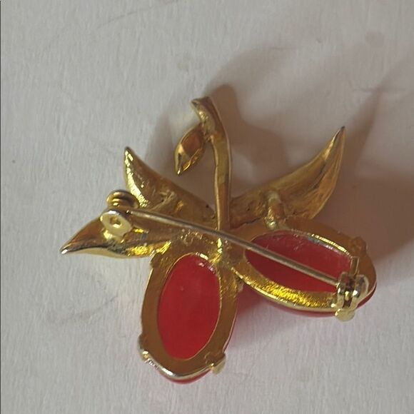 Gold tone and Red Acrylic Berry Brooch with Rhinestone Leaf Accents - Picture 2 of 5